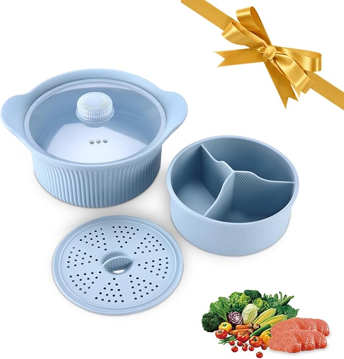 Microwave Vegetable Steamer, Silicone Microwave Cooker Basket for Broccoli, Rice, Eggs & Baby Food, Double Layer Design, Healthy Low Carb Cooking, Dishwasher Safe