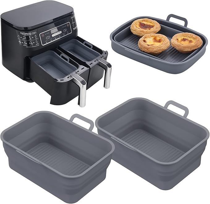 Collapsible 2-Pack Air Fryer Silicone Liners for 8QT & 10QT NINJA Foodi Dual, Reusable Rectangular Silicone Basket Pot for Air Fryer Accessories (Gray)