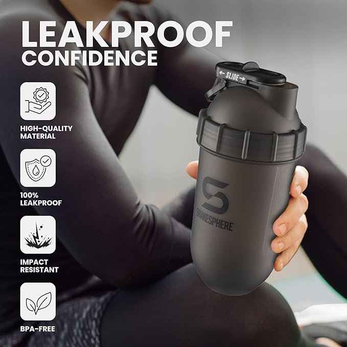 SHAKESPHERE Shaker Bottle - 24oz Leak Proof Protein Shaker Bottle for Pre Workout, Smoothie, and Powder Drink Mixes, No-Blade Mixer for Gym, BPA-Free, Easy Clean & Easy to Carry (Frosted Black)