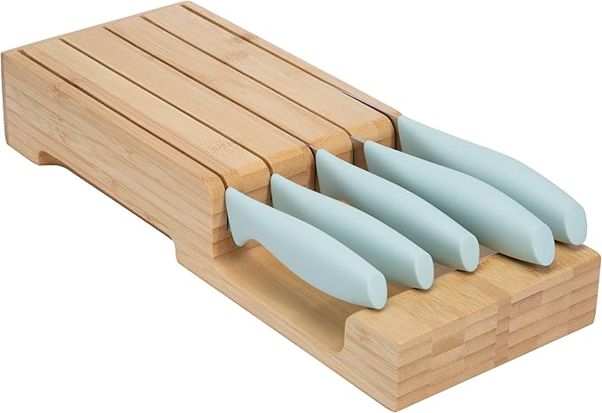 Tasty In-Drawer Kitchen Knife Set, Space-Saving Cutlery and Kitchen Organizer, Includes Chef, Bread, Santoku, Utility and Paring Knives, 6-Piece, Aqua