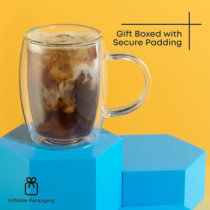 JoyJolt Double Wall Glasses 13.5-Ounce Insulated Mugs Double Walled Glass Cups For Coffee Tea Set of 2