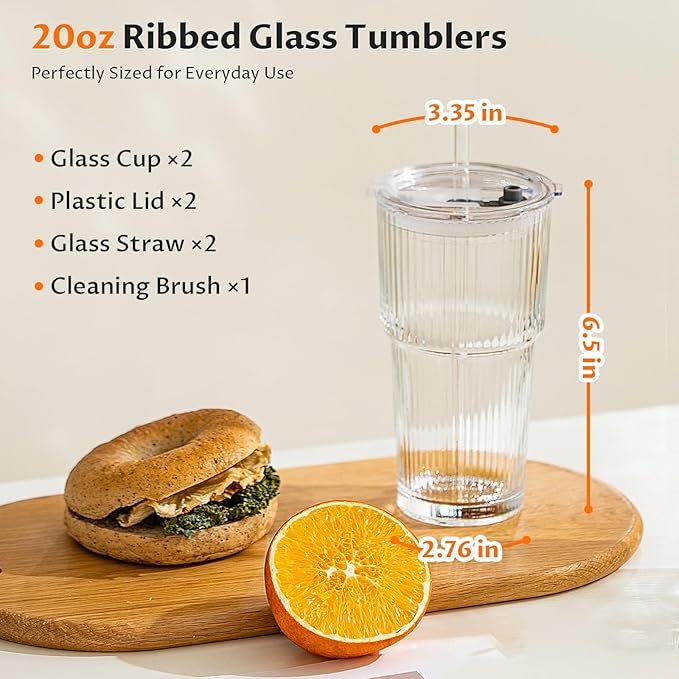 20oz Glass Tumblers with Straws and Lids 2 Pack, Ribbed Glass Cups, Leak Resistant Iced Coffee Cups, Thick Reusable Drinking Glasses, Fits Car Cup Holder, Clear Travel Coffee Cups