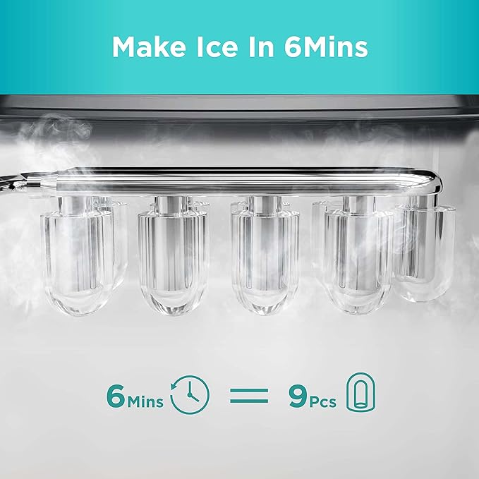 Silonn Ice Makers Countertop, 9 Cubes Ready in 6 Mins, Self-Cleaning Ice Machine with Ice Scoop and Basket, 26lbs in 24Hrs, 2 Sizes of Bullet Ice for Home Kitchen Office Bar Party, Green