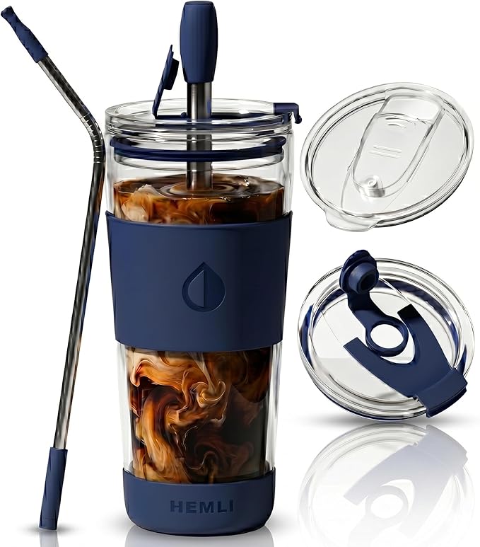 19 oz. Double Wall Glass Coffee Tumbler, To Go Travel Mug with Lid, Portable Glass Thermos with Straw, Reusable Cup, Tea, Smoothies, Ice Coffee, and Boba