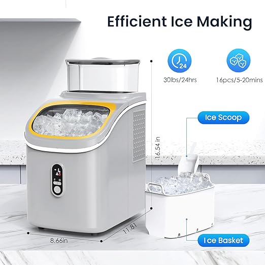 Antarctic Star Countertop Ice Maker Machine, 30lbs/24Hrs, 3 Thickness Ice Cubes, 16Pcs/13 Mins,2 Ways to Add Water, Self-Cleaning Ice Cube Maker w/Basket and Scoop for Home/Kitchen/Camping/RV (Grey)
