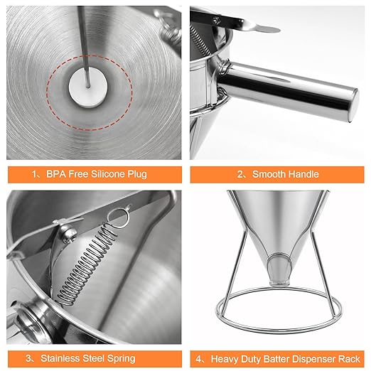 20oz Pancake Batter Dispenser, Stainless Steel Funnel Cake Dispenser with Stand Heavy Duty Baking Tool for Cupcake Waffles Cakes Takoyaki and Kitchen Baking (Small)