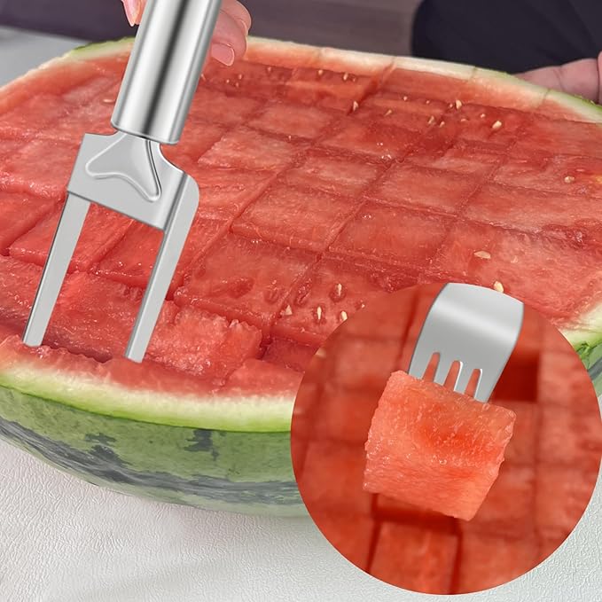 2-in-1 Watermelon Slicer & Fork – 2-Pack Stainless Steel Fruit Cutter Tool for Watermelon, Mango, Pitaya – Portable for Camping, Picnics, Home, Parties – Effortless Cubes & No Mess
