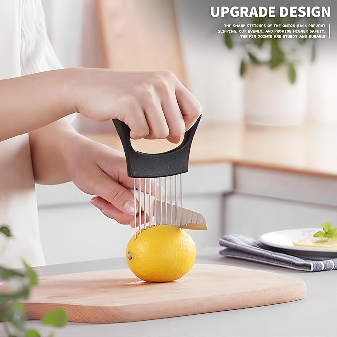 2PCs Stainless Steel Onion Slicer Holder, Onion Cutter Holder for Slicing of Onions,Tomatoes,Avocados,Eggs and Other Vegetables,KItchen Utensils (Blue & Black)