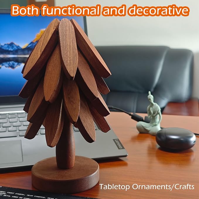 Wooden Tree Trivets for Hot Dishes - Set of 4 with Stand, Natural Foldable Kitchen Trivets for Pots, Pans, Bowls & Teapots - Walnut