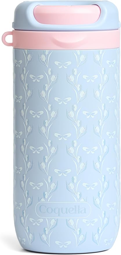 15 oz Stainless Steel Coffee Tumbler with Twist-Open Lid, Insulated Travel Mug for Iced Coffee Cold Brew and Warm Beverages, Leakproof, BPA-Free, Cup Holder Friendly, Bow Charm, Tulip Blue