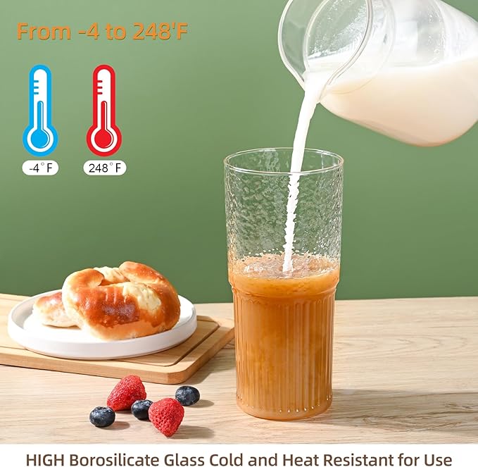 20oz Glass Cups With Glass Lids and Straws, High Borosilicate Iced Coffee Cups, Reusable Glass Tumblers for Coffee, Tea, Juice, Smoothies, Hot/Cold Drinks at Home, Office - 4 Packs