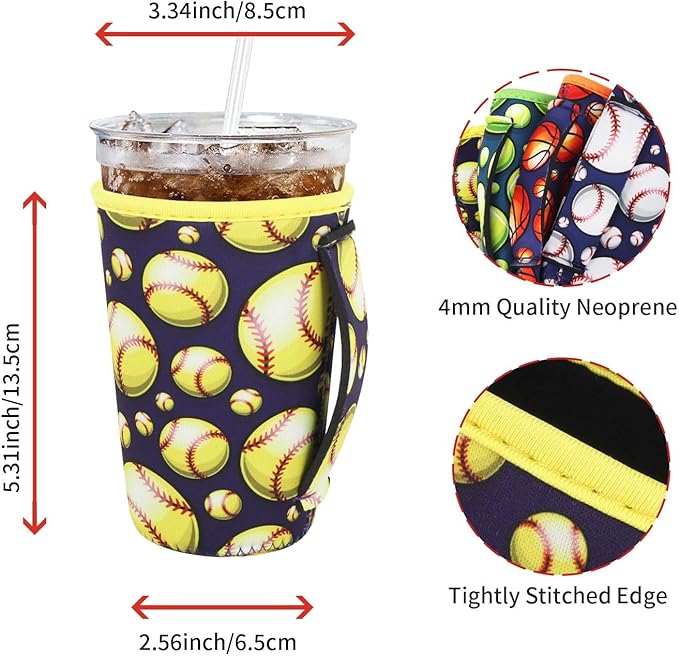 4Pack Reusable Iced Coffee Sleeve Insulator Sleeves for Cold Drinks Beverages, Neoprene Cup Holder for Most Coffee, Fits 22-24oz Medium Cups (Play Ball with Handle)