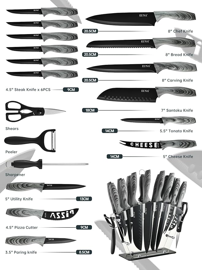 EUNA Knife Block Set, 19 PCS Kitchen Knife Set with Acrylic Block and Sharpener, German High-Carbon Stainless Steel Knife Sets with 6 Serrated Steak Knives, Bread Knife, Chef Knife, Dishwasher Safe