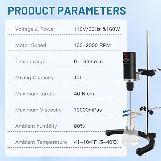 Electric Overhead Stirrer, LCD Digital Overhead Lab Mixer,Time and Speed Adjustable, 100-2000RPM, 0-10000mpas, Mix40L, Two Stirring Rods
