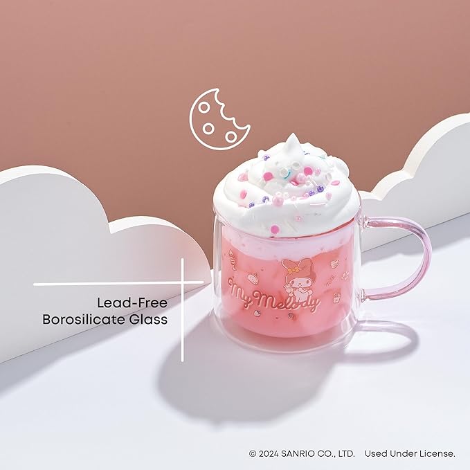 JoyJolt Hello Kitty Double Wall Insulated Coffee Mug ft My Melody, 13.5 oz Glass Cup, Cute Drinking Glassware ideal for Latte, Iced Coffee, or Tea, Kawaii Hello Kitty Merch, Sanrio Accessories