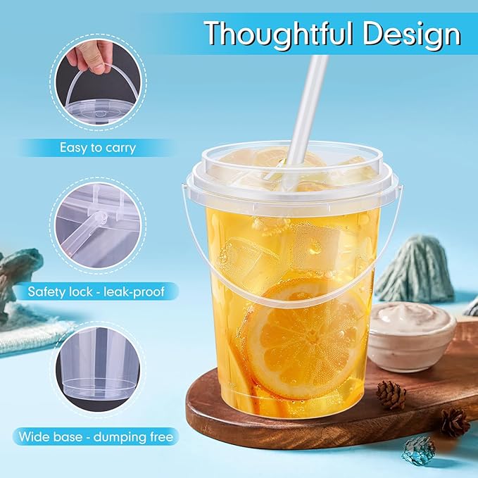 mwellewm 30 Pcs Drink Buckets with Lids and Straws, 34 oz with Handles Disposable Clear Rum Plastic Coffee Lemonade Cocktail Bucket Cups with Lid for Parties, Pool and Picnic