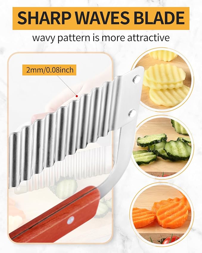 Crinkle Cutter Stainless Steel Potato Slicer Heavy Duty Wavy Crinkle Cutting Chopping French Fry Slicer 2 Pack Tools with Wooden Handle for Carrot Vegetable (Wood, 2)