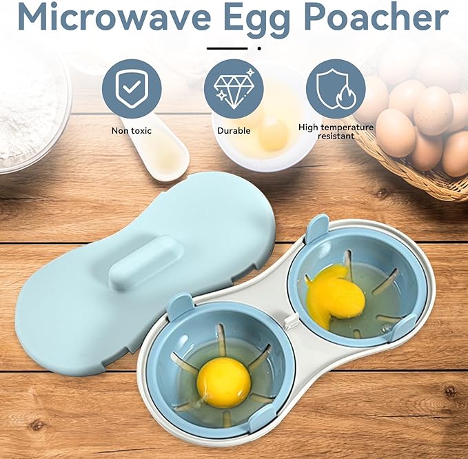 Egg Poacher Microwave Egg Cooker, 2 Cavity Edible Silicone Double Drain Poached Egg Cups Microwave Egg Poacher Egg Steam Egg Maker Poached Egg Steamer for Kitchen Cooking Gadgets, Blue