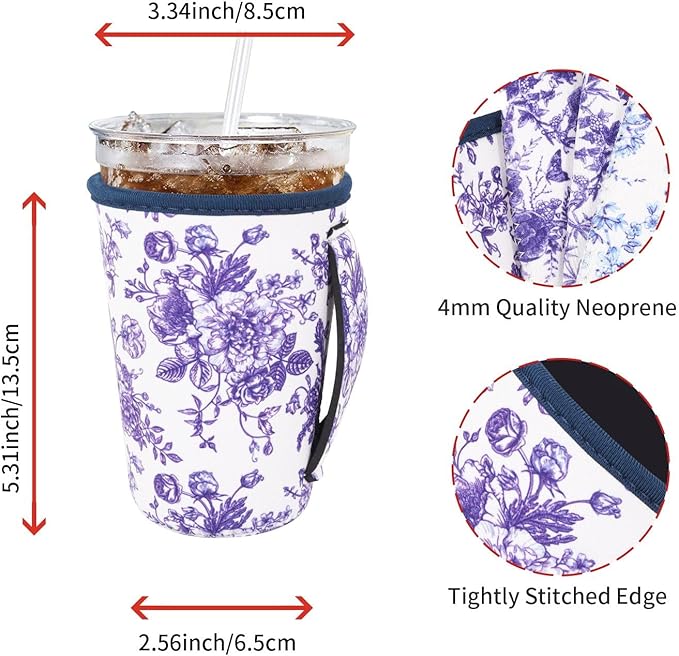 4Pack Reusable Iced Coffee Sleeve Insulator Sleeves for Cold Drinks Beverages, Neoprene Cup Holder for Most Coffee, Fits 22-24oz Medium Cups (Floral Like China)