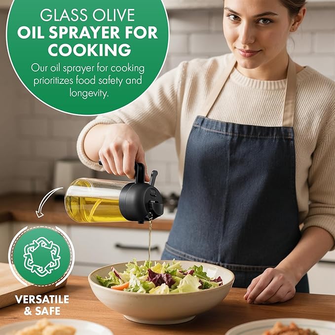Oil Sprayer and Dispenser 2-in-1, 16oz/470ml Glass Bottle with Flip Cap, Oil Mister for Cooking, Air Fryer, Grilling, Salad, Frying, BBQ, Black