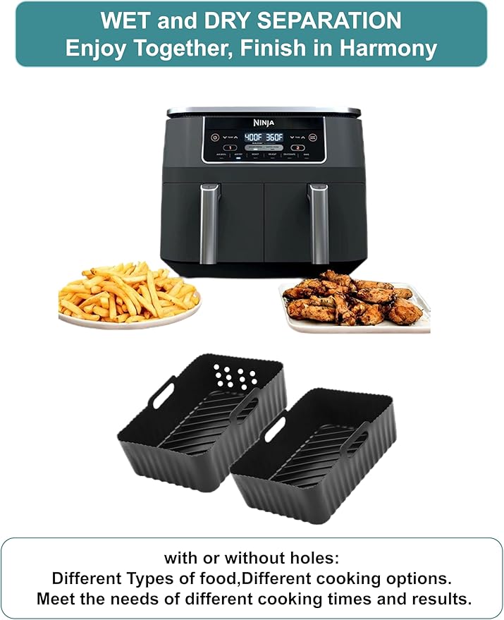 Szyeequoo Silicone Air Fryer Liners 2 Pack for Ninja Dual Zone, 1 Perforated and 1 Solid, Rectangle Reusable Liners for DZ201 DZ401 DZ550 DZ302, COSORI 9QT Instant Chefman Dual Basket Air Fryers