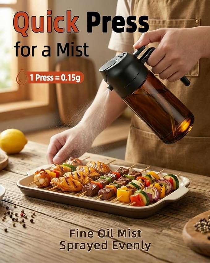 16oz/470ml Oil Sprayer for Cooking, 2 in 1 Oil Dispenser for Kitchen, Olive Oil Sprayer, Food Grade Glass Bottle for Kitchen Gadgets, Air Fryer Accessories, Salad, BBQ (Black)
