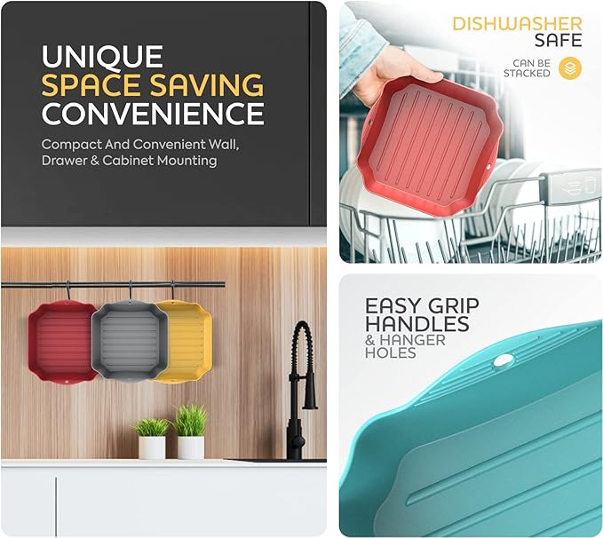Reusable Silicone Air Fryer Liners Set, 7.5" Square Liners for 4-7QT Air Fryer Tray Baking Oven, Handles & Holes, by Zip Standing
