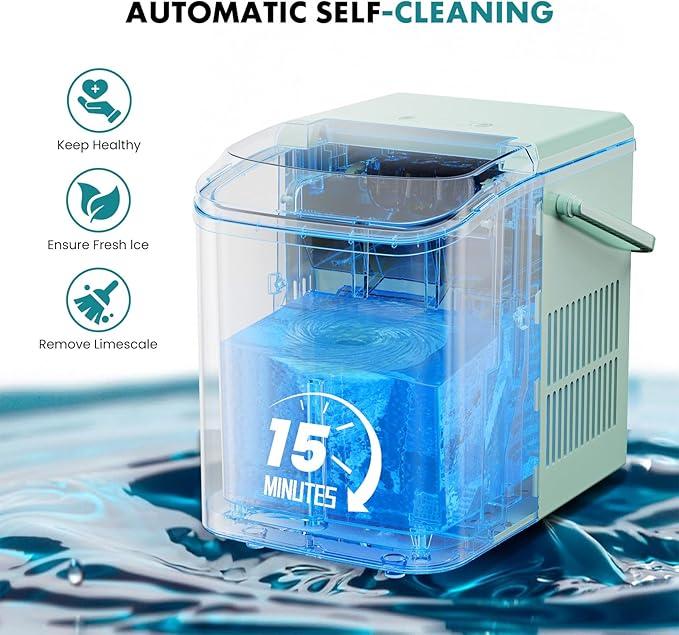 OLIXIS Ice Maker Machine with Handle,26lbs in 24Hrs,9 Ice Cubes in 6 Mins,Auto-Cleaning Portable Ice Maker with Basket and Scoop, Countertop Ice Maker for Home/Kitchen/Camping/RV, Bright Green