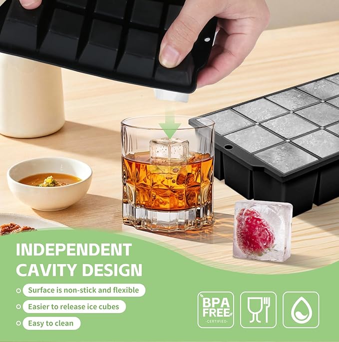 Silicone Ice Cube Tray with Locks Lids, Easy Release Flexible 15 Square Ice Trays for Freezer, Stackable & Reusable Ice Cube Mold for Whiskey, Cocktails, Baby Food, BPA Free, 2 Pack (Black)