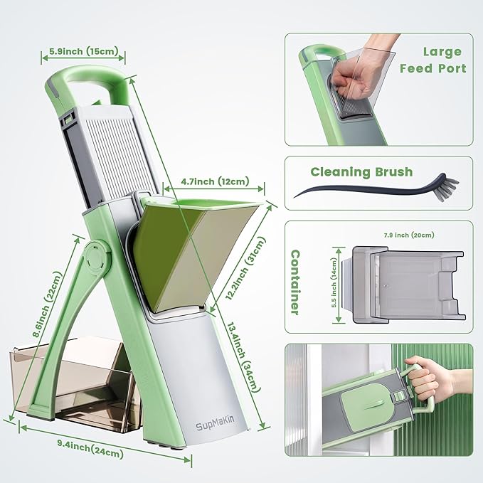 SUPMAKIN Safe Mandoline Slicer, Adjustable Vegetable Food Slicer and Chopper, Potato Fries Fry Cutter, Veggie Salad Chopper, New Kitchen Chopping Artifact Gifts 2024 (MC Green)