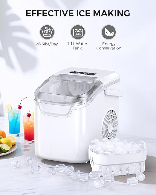 COWSAR Ice Maker Countertop, Portable Ice Machine with Self-Cleaning, 26.5 lbs/24Hrs, 8 Ice Cubes in 6 Mins, Ice Basket and Scoop, Ideal for Home, Kitchen, Bar, Camping