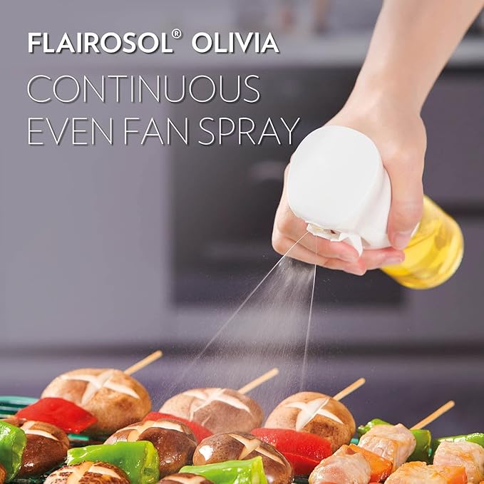 FLAIROSOL OLIVIA. The Original Advanced Oil Sprayer for Cooking, Salads, BBQs and More, Continuous Spray with Portion Control, Trusted by Chefs. Patented Technology. (Glass Bottle) (White Print)