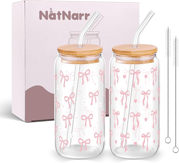 2 Pcs Cute Glass Cups with Lids and Straws, 16Oz Coquette Pink Bow Iced Coffee Cups Preppy Cute Stuff Design Tumbler Mug for Teen Girls Women Kids Mom Bridesmaid Birthday Graduation Wedding Gifts