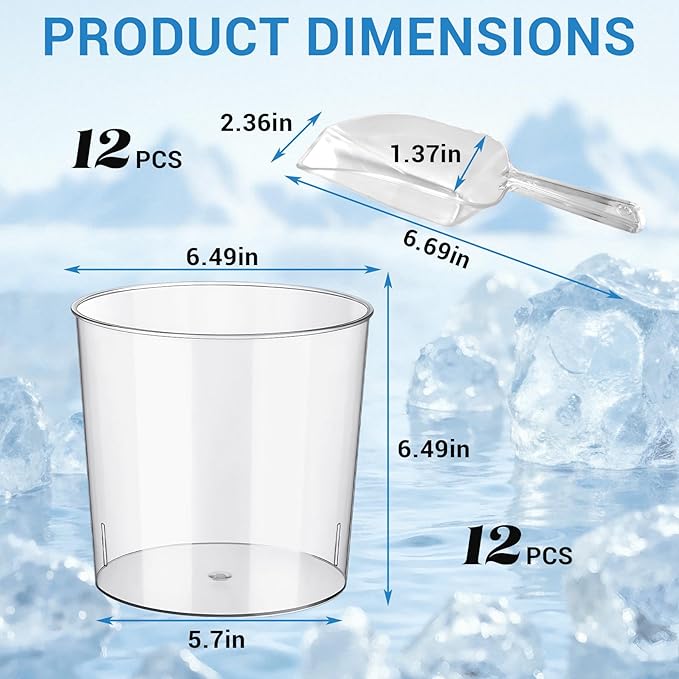 Garvee 6.5 in Clear Plastic Ice Bucket – Multi-Purpose Wine/Champagne/Beer Cooler, Snack Tub, Kettle Corn Bowl, Vase – BPA-Free, Food-Grade, Durable & Stylish (12-Pack with Ice Tongs)