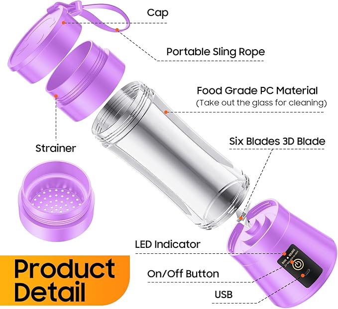Portable Blender for Smoothies and Shakes - Personal Size Mini Blender with 380Ml Travel Cup, 6 Stainless Steel Blades for Powerful Blending, Fresh Fruit Juicer for Home/Travel