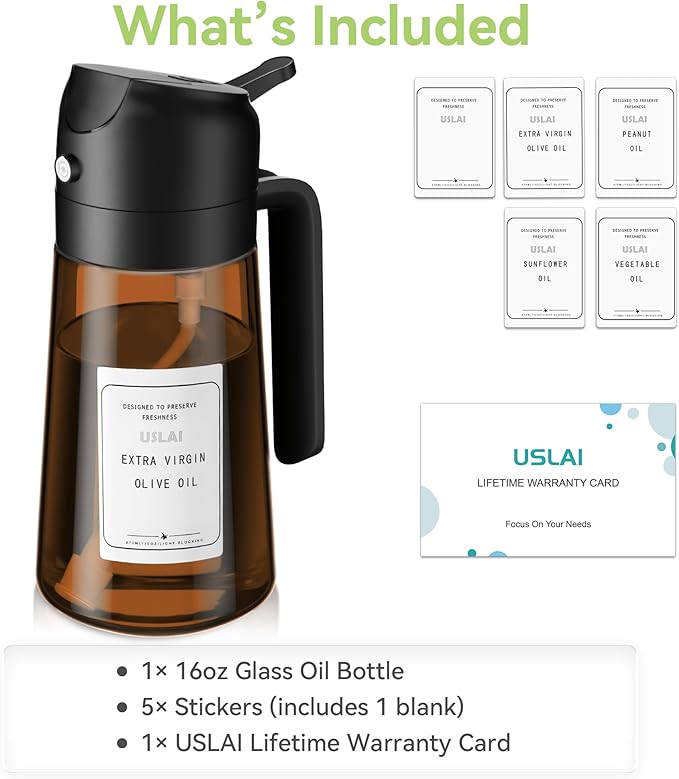 USLAI Oil Sprayer for Cooking, 16oz/470ml 2 in 1 Glass Olive Oil Dispenser Bottle for Kitchen, Air Fryer, BBQ and Salad - Brown