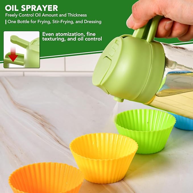 16oz/470ml Glass Olive Oil Sprayer for Cooking - 2 in 1 Olive Oil Dispenser for Kitchen Gadgets, Air Fryer, Salad, and BBQ (Green)