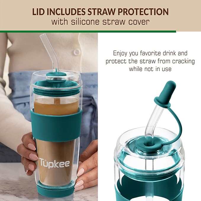 Tupkee Double Wall Glass Tumbler Straw Lid - For Hand Blown Glass Travel Mug, 14-Ounce & 8-Ounce, Cyan