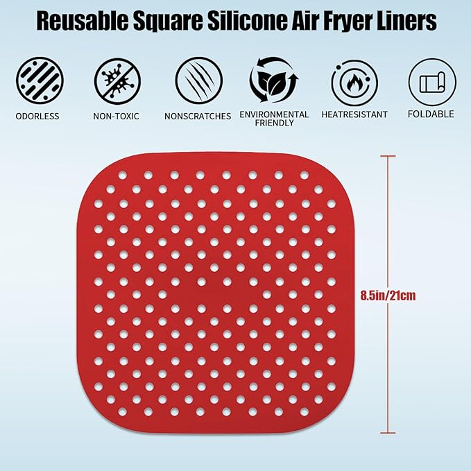 3 Pack 8.5" Reusable Square Silicone Air Fryer Liners Non-Stick, Easy-Clean Accessories Sheet Perfect for Quick Meals (Red&grey&black)