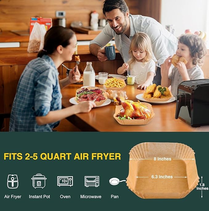 Air Fryer Disposable Paper Liners Square, Non-Stick Parchment, AirFryer Accessories for Baking Microwave Oven Frying Pan, Oil Proof, Water Proof (125PCS, 6.3inch)