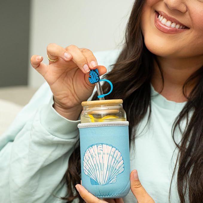 The Love Crate Co. Ocean Gifts for Women - Glass Tumbler with Lid and Straw, Customized Straw Stopper and Cup Sleeve, Aesthetic Unique Design Iced Coffee Gift Cup for Mom, Teacher, Friend