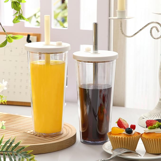 Honeydak 2 Pack 24 oz Reusable Iced Coffee Cups with Lids and Straws Leakproof Double Wall Insulated Clear Plastic Iced Coffee Tumblers with Straw Brushes