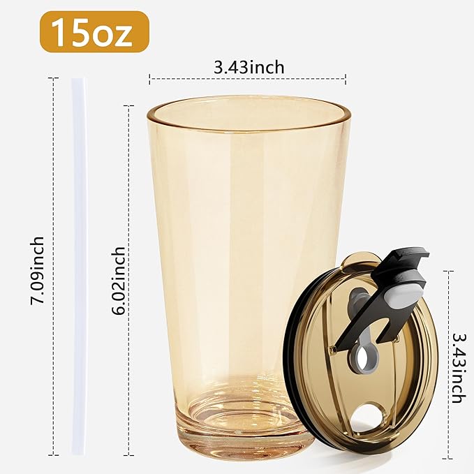 15oz 2 Pcs Glass Iced Coffee Cup with Lid Straw Thick Leak Proof Drinking Glasses Tumbler for Gift Cold Drink Smoothie Boba Tea(Amber*2)
