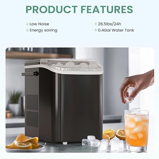 Ice Makers Countertop, Portable Ice Machine with Handle, 6 Mins 9 Bullet Ice Cubes with Basket and Scoop, 26lbs in 24Hrs, Auto-Cleaning, for Home, Kitchen, RV, Camping, Black