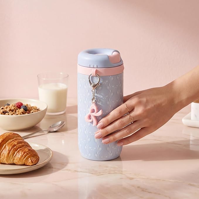 15 oz Stainless Steel Coffee Tumbler with Twist-Open Lid, Insulated Travel Mug for Iced Coffee Cold Brew and Warm Beverages, Leakproof, BPA-Free, Cup Holder Friendly, Bow Charm, Tulip Blue