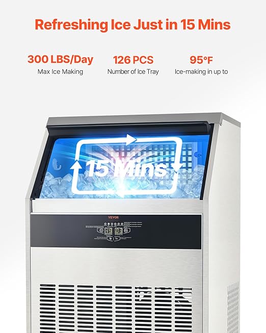 VEVOR 300lbs/24H Commercial Ice Maker, 126 Ice Cubes in 15 Minutes, Freestanding Ice Maker Machine with 88lbs Large Storage Capacity for Bar Office Restaurant, with LED Digital Display & Self-Cleaning