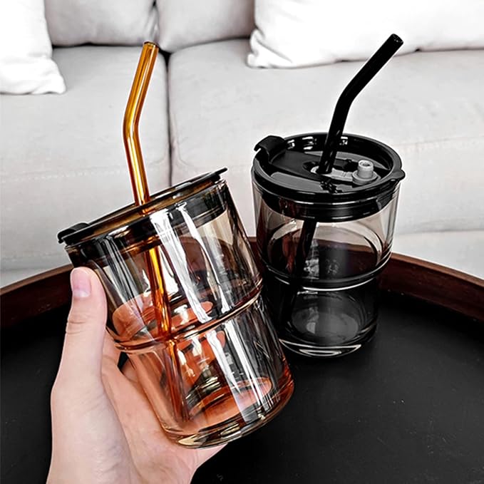 BLUEPOLAR 13oz/400ml Tumbler Water Glass, Water Bottle with Straw and Lid Sealed Carry on, Glass Coffee Mug Iced Tea Cup Thick Wall Insulated Glass Cup (Gray)