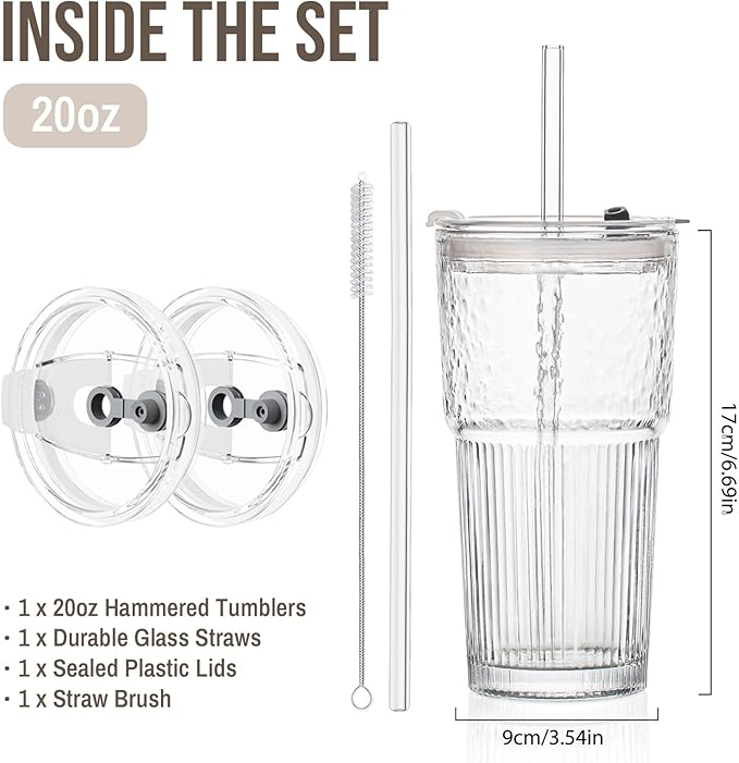 SoulTimes 20oz Glass Tumblers with Lids and Straws, Set of 1 - Stylish Ribbed Design Drinking Glasses for Iced Coffee Cups, Juice, Smoothies, Cold Beverages, Includes Cleaning Brush, Durable Glassware