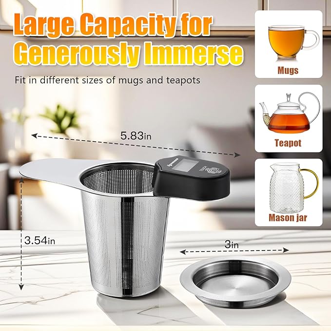 IPOW Stainless Steel Tea Infuser, Metal Loose Leaf Tea Steeper, Reusable Tea Strainer for Loose Tea, Upgrade Digital Thermometer Display, Specially Suit for Older Use, Tea Brewing No Longer By Feeling