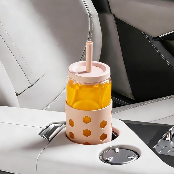 Mrsdry Glass Cups with Lids and Straws (4 Pack), 16oz Drinking Glasses Set with Silicone Sleeves for Coffee Bar Accessories Iced Coffee Cups with Lids, Glass Tumbler Reusable for Gifts